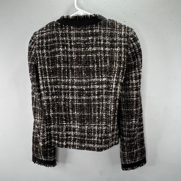 346 Brooks Brothers Boucle Tweed Blazer Jacket 6 Black Tan Ribbon Trim Snap Wool - Picture 3 of 6